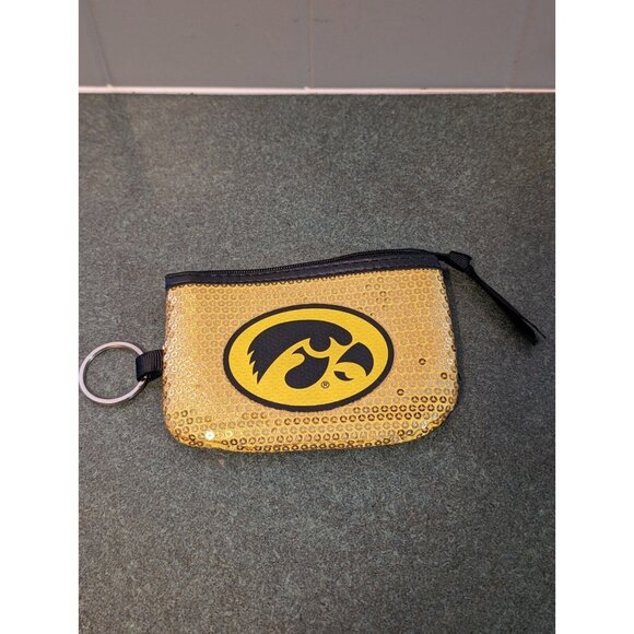 Iowa Hawkeye Coin Purse Yellow Sequins Zip up Key Chain 5"X4" - Picture 1 of 5